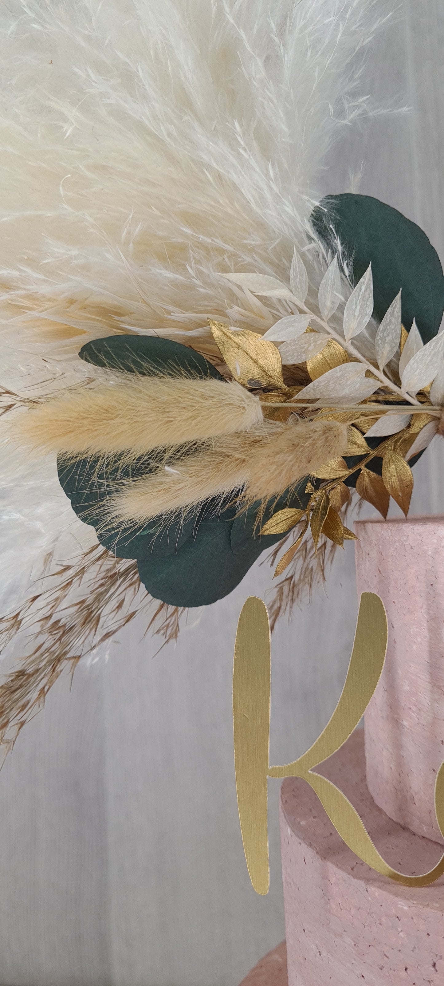 Eucalyptus & Gold Pampas cake topper wreath