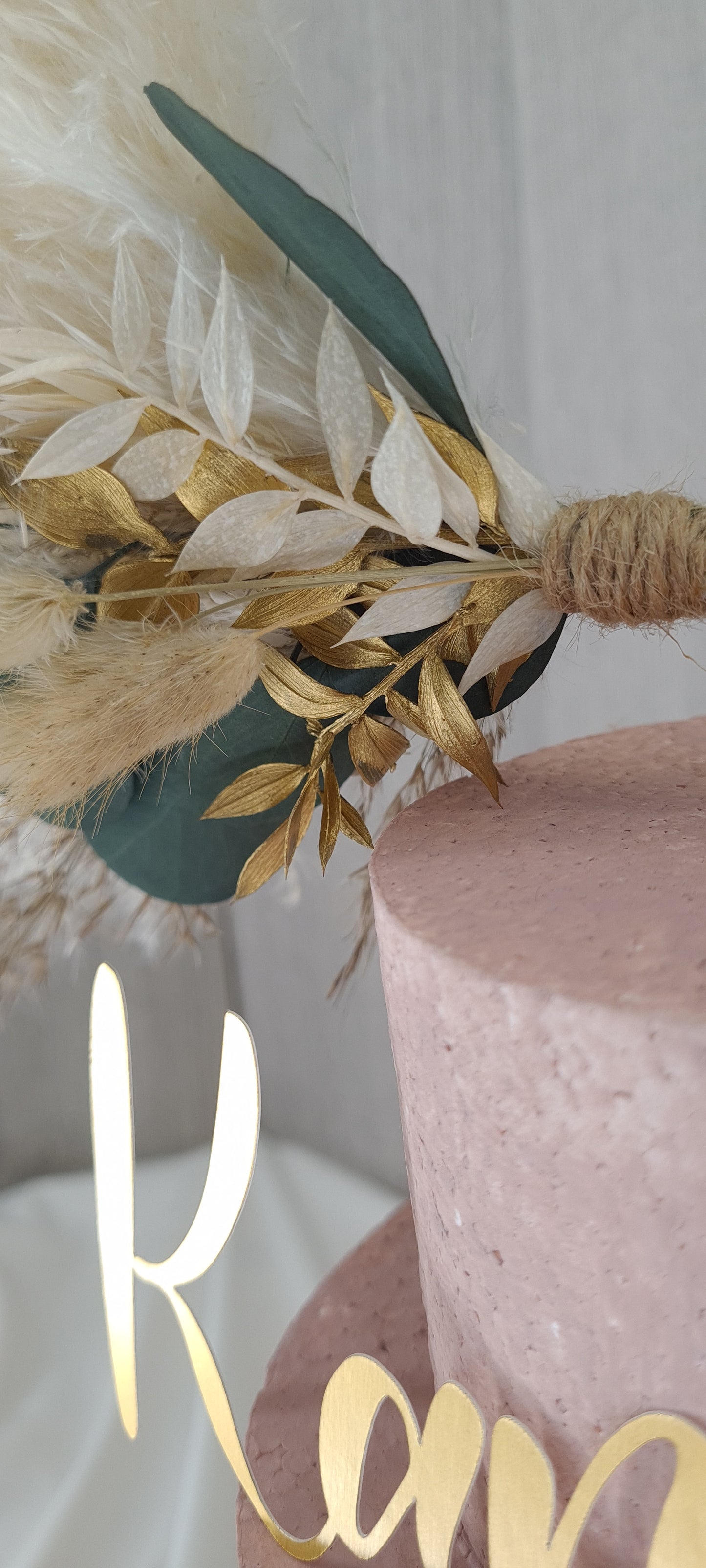 Eucalyptus & Gold Pampas cake topper wreath