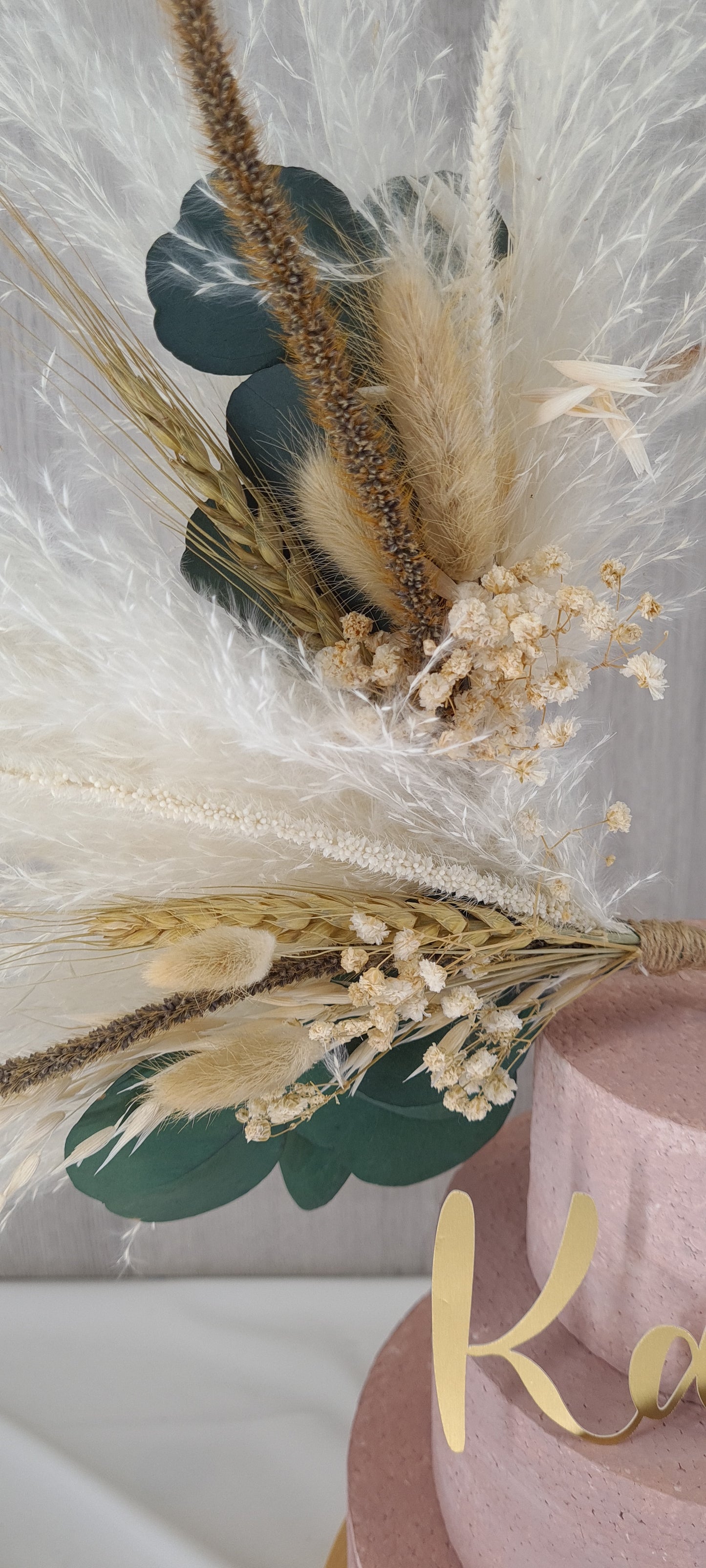 Eucalyptus & Gold Pampas cake topper wreath