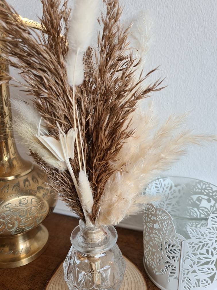 Super mini decanter glass vase with pampas grass and bunny tail bouquet