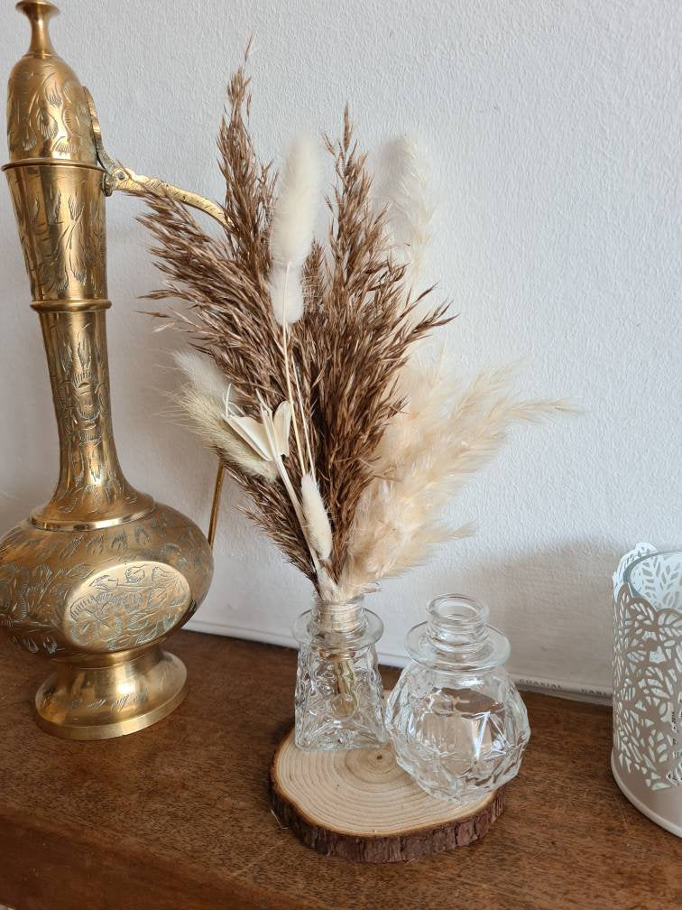 Super mini decanter glass vase with pampas grass and bunny tail bouquet