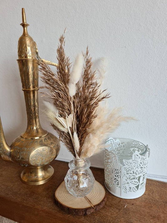 Super mini decanter glass vase with pampas grass and bunny tail bouquet
